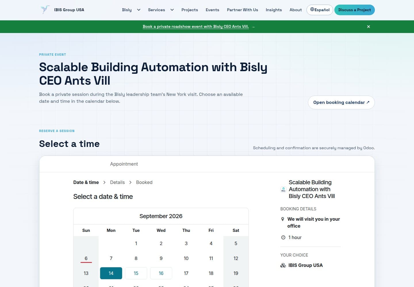 IBIS event landing page with private session information and appointment booking