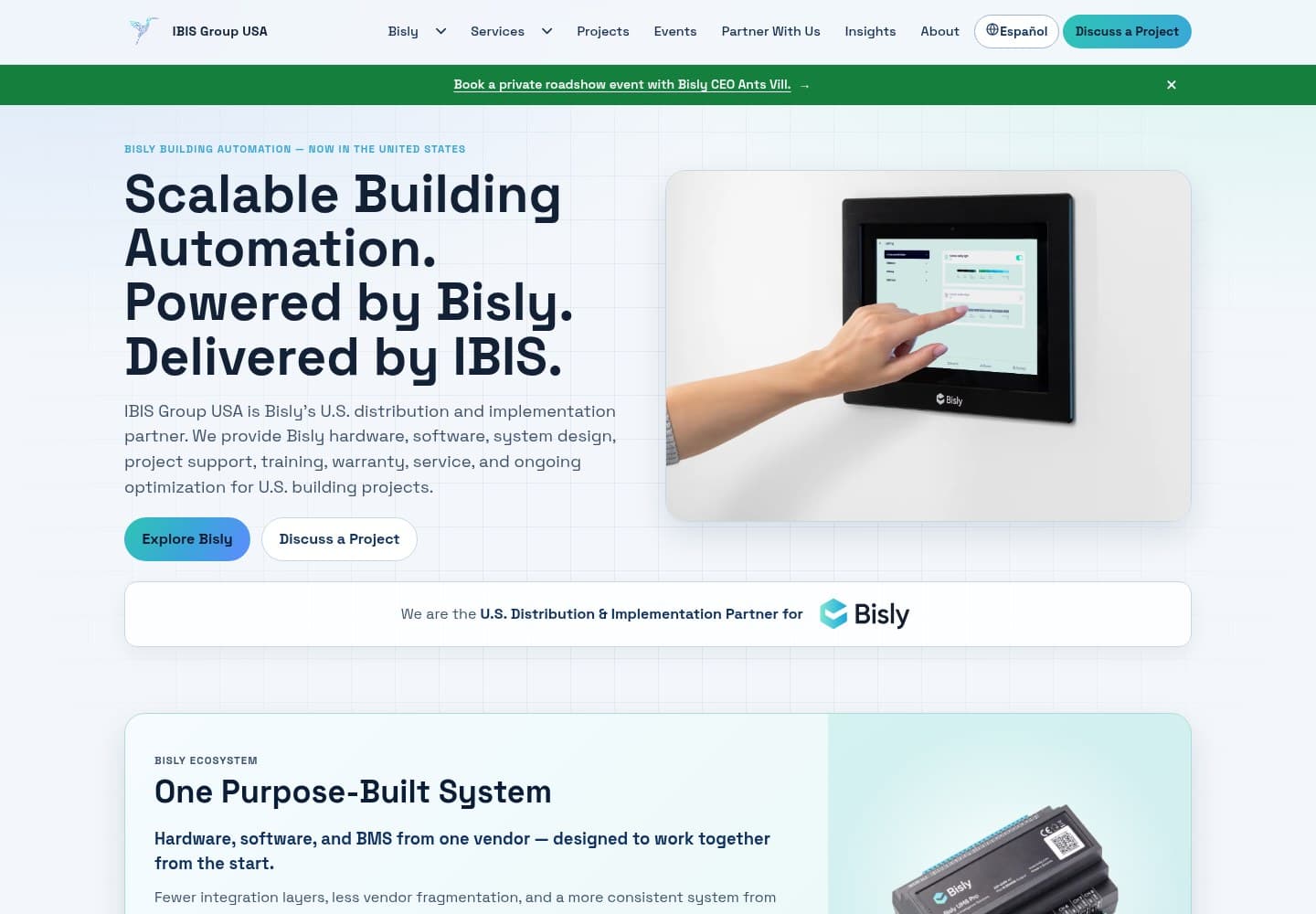 IBIS Group USA homepage showcasing Bisly building automation
