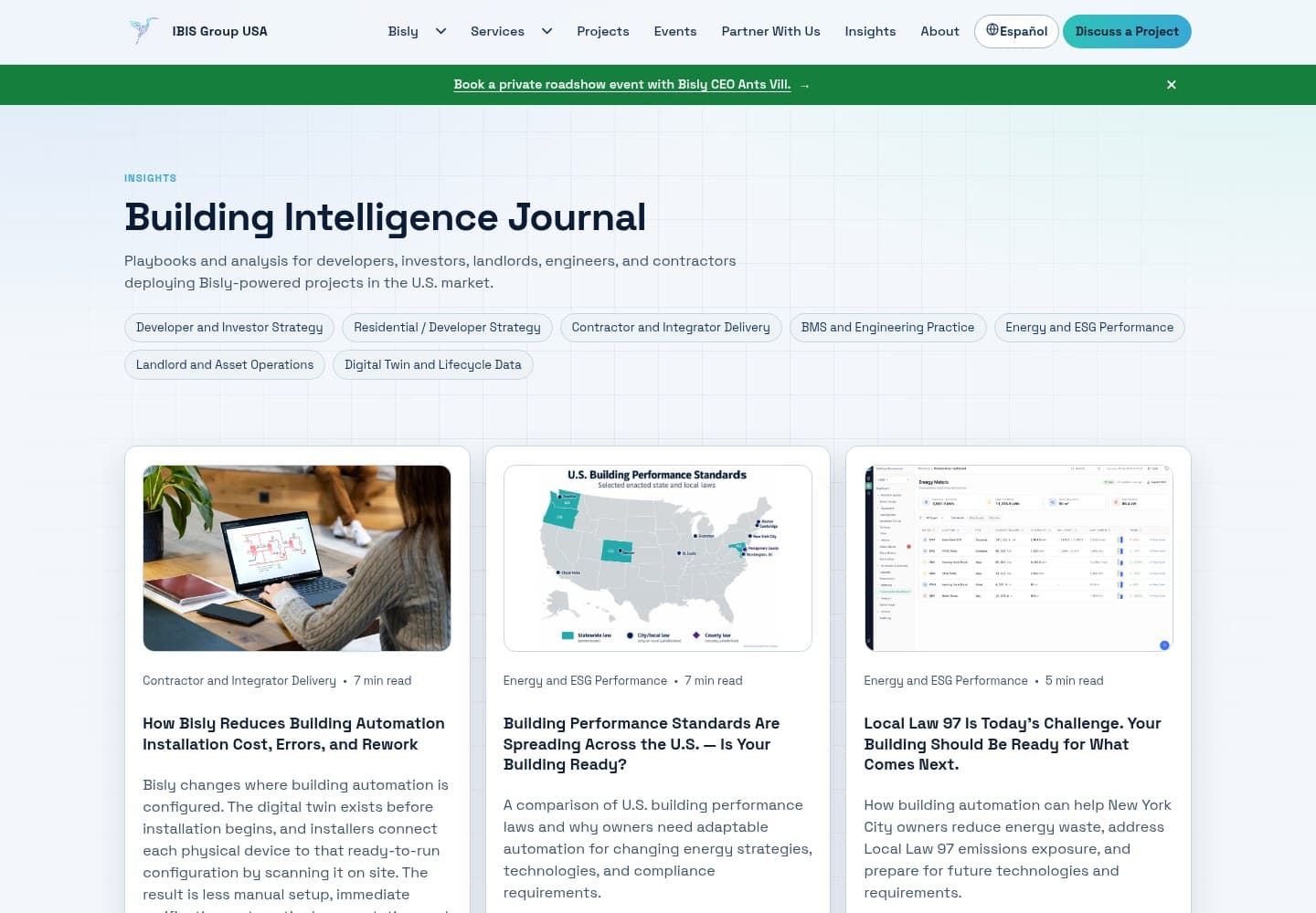 IBIS Building Intelligence Journal with audience categories and educational article cards